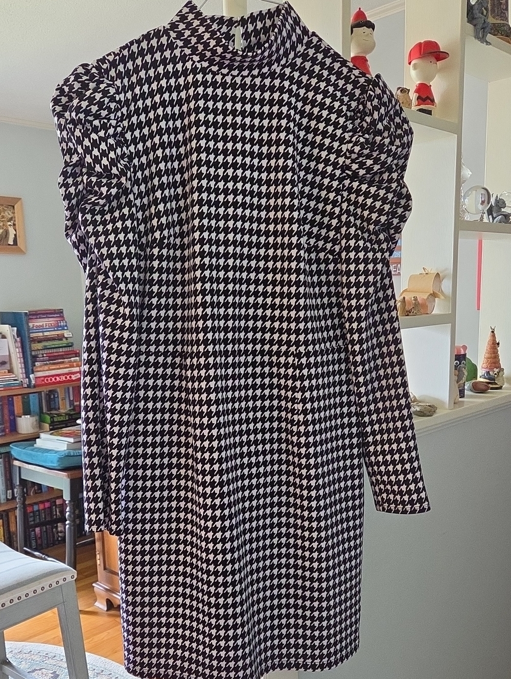Bar III Black and White Houndstooth Puff Sleeve Dress